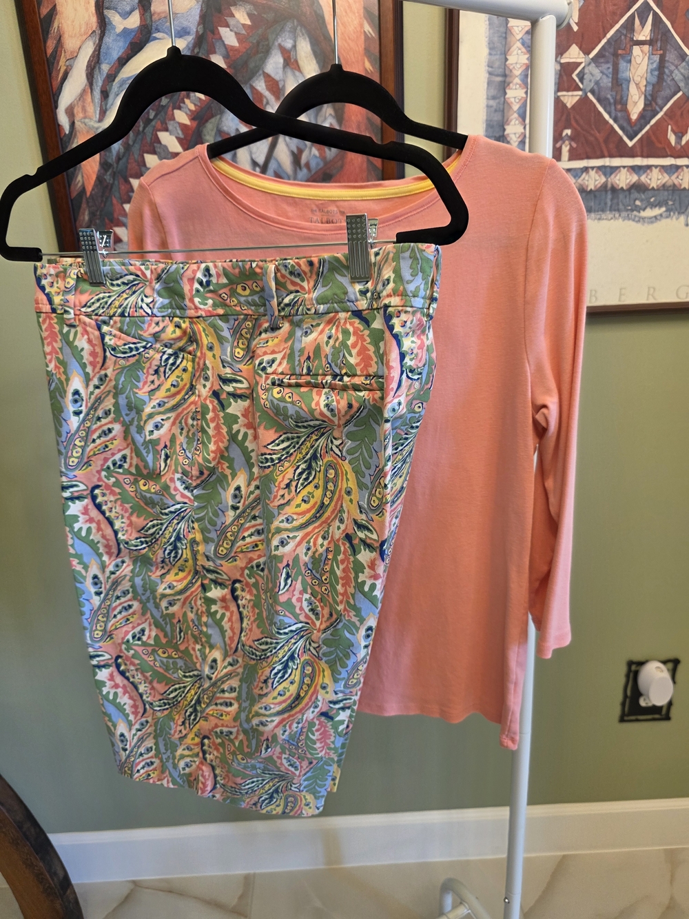 Talbots Coral Pink Top with Green Multi Paisley Skirt
